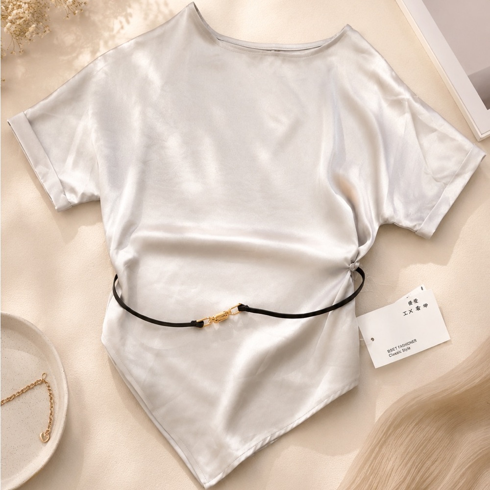 Silky White Short Sleeve Blouse with Gold Accent